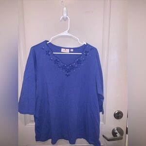 Quaker Factory Women’s Blue Beaded Eyelet 3/4Sleeves Blouse Size 1X